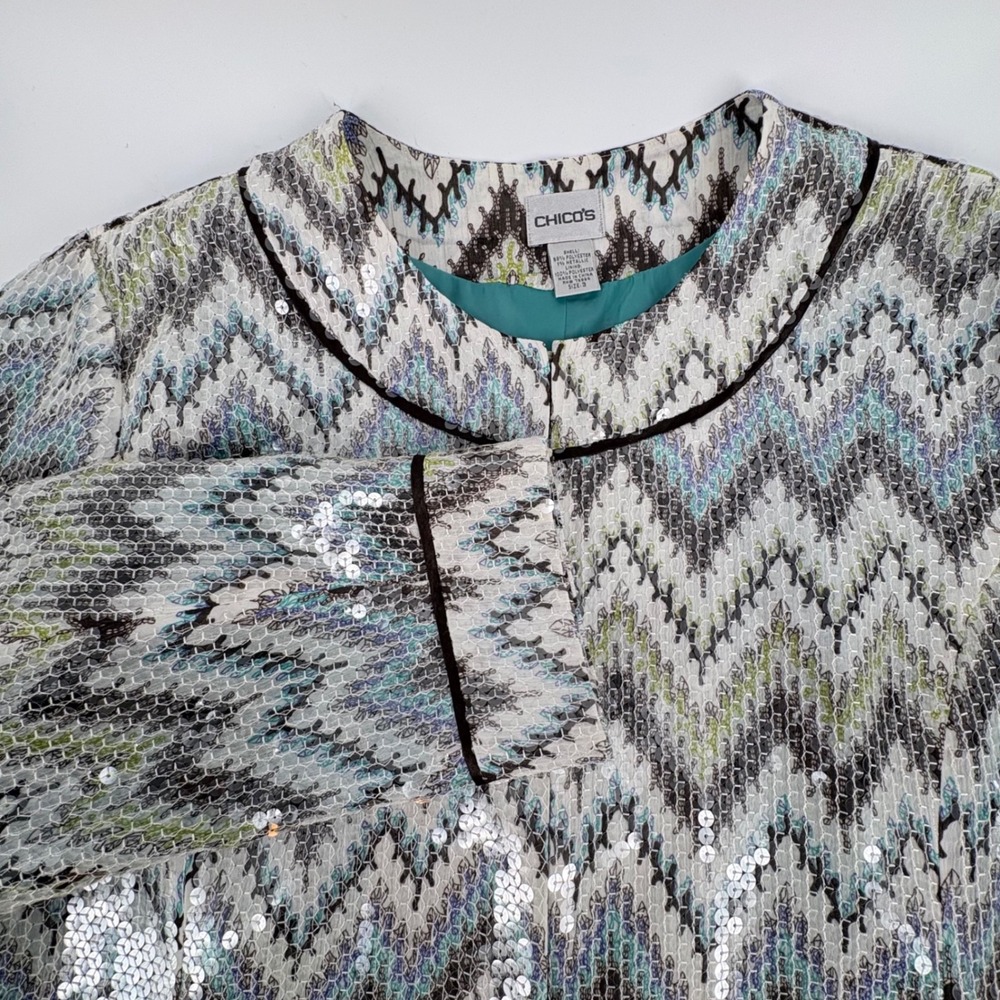 Chicos Sequin Chevron Zigzag Jacket Blue‎ Green Metallic Hook Eye Size 3 XL